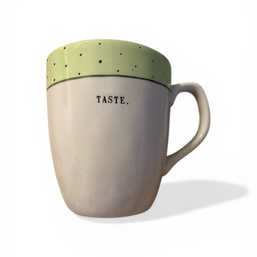 RAE DUNN Magenta Artisan Coffee Mug TASTE Green Polka Dots NEW Typewriter Font